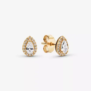 (bild till) Pandora Stiftörhängen Mousserande Teardrop Halo 14 Karats Guldpläterad - 268724C01