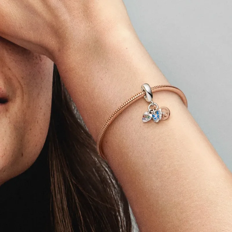 (bild till) PANDORA Two-Tone Rainbow Heart, Butterfly & Peace Triple Dangle Charm - 782572C0 - View 3