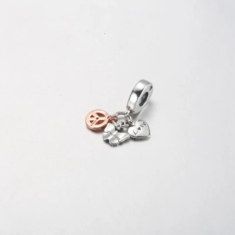 (bild till) PANDORA Two-Tone Rainbow Heart, Butterfly & Peace Triple Dangle Charm - 782572C0 - View 6