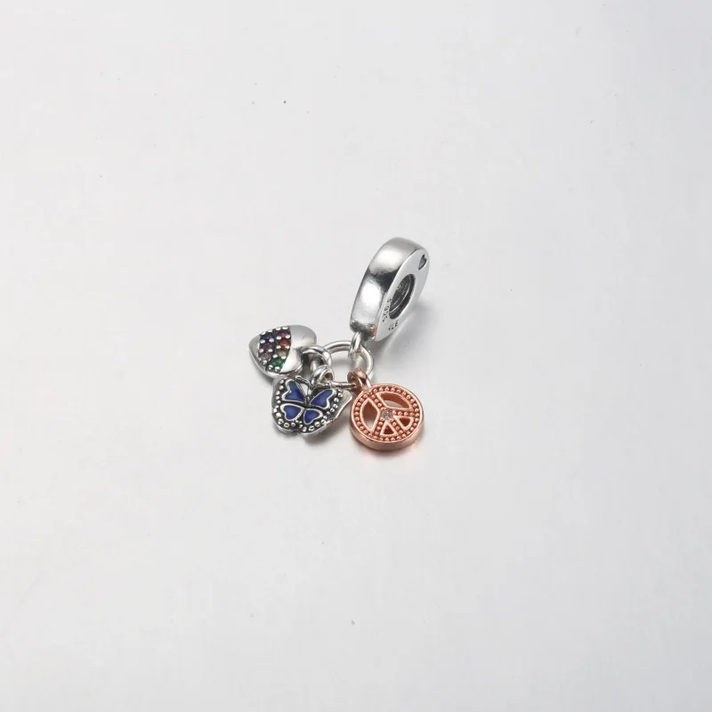 (bild till) PANDORA Two-Tone Rainbow Heart, Butterfly & Peace Triple Dangle Charm - 782572C0 - View 8