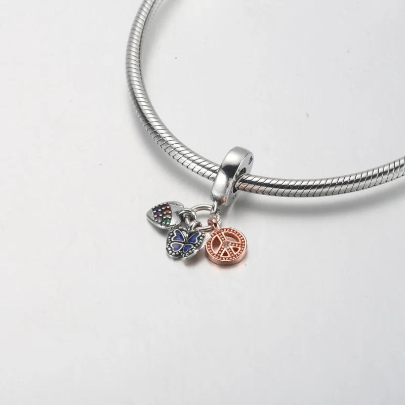 (bild till) PANDORA Two-Tone Rainbow Heart, Butterfly & Peace Triple Dangle Charm - 782572C0 - View 10