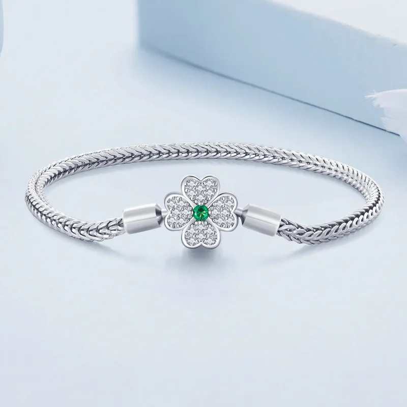 (bild till) Pandora-stil Grön Zirkon Lyckofyrabladsklöver Kedjearmband - BSB119 - View 2