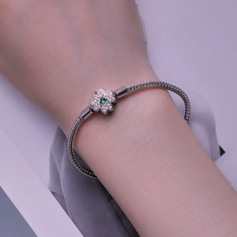 (bild till) Pandora-stil Grön Zirkon Lyckofyrabladsklöver Kedjearmband - BSB119 - View 5