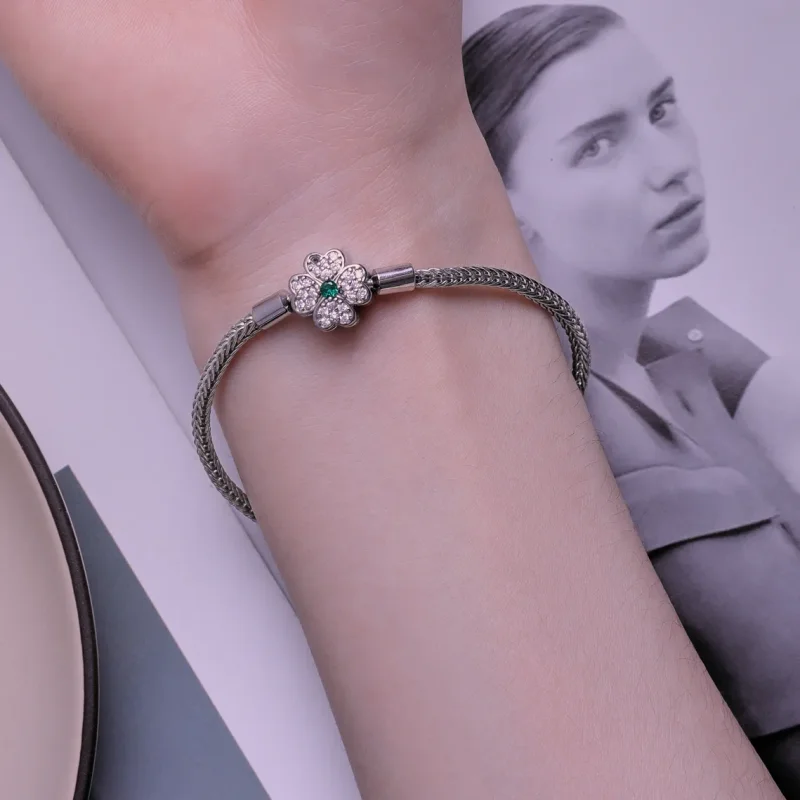(bild till) Pandora-stil Grön Zirkon Lyckofyrabladsklöver Kedjearmband - BSB119 - View 6