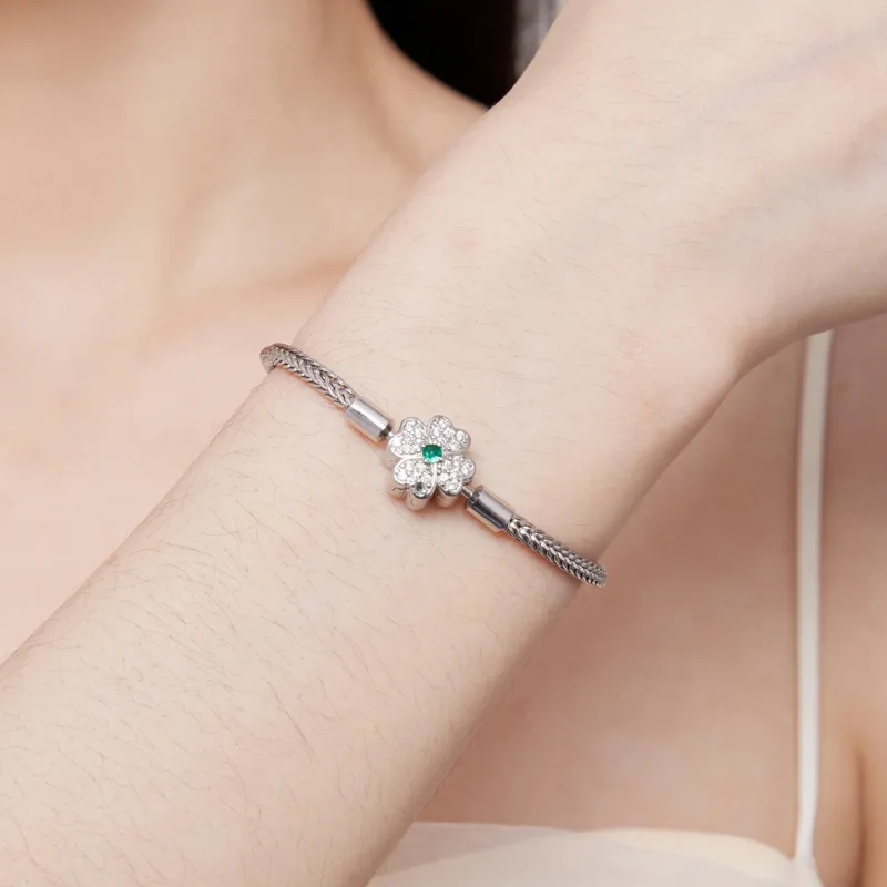 (bild till) Pandora-stil Grön Zirkon Lyckofyrabladsklöver Kedjearmband - BSB119 - View 7