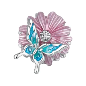 (bild till) Pandora-stil Fjäril Krysantemum Charm - BSC788