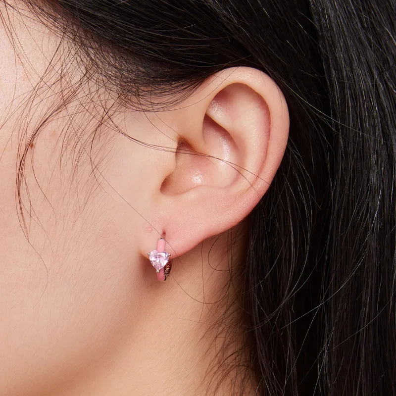 (bild till) Pandora-stil Rosa Hjärtformade Örhängen - BSE813 - View 6