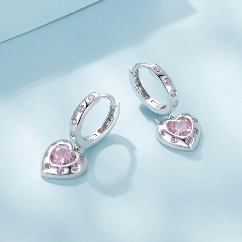 (bild till) Pandora-stil Rosa Hjärtformade Örhängen - SCE1625 - View 3