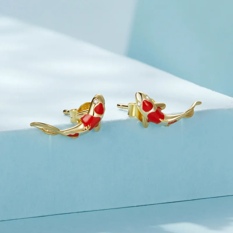 (bild till) Pandora-stil Golden Koi-Silver Studs Örhängen - SCE812-B - View 2
