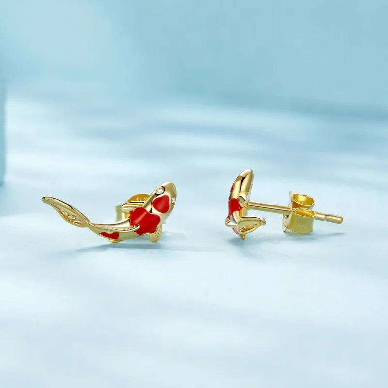 (bild till) Pandora-stil Golden Koi-Silver Studs Örhängen - SCE812-B - View 3