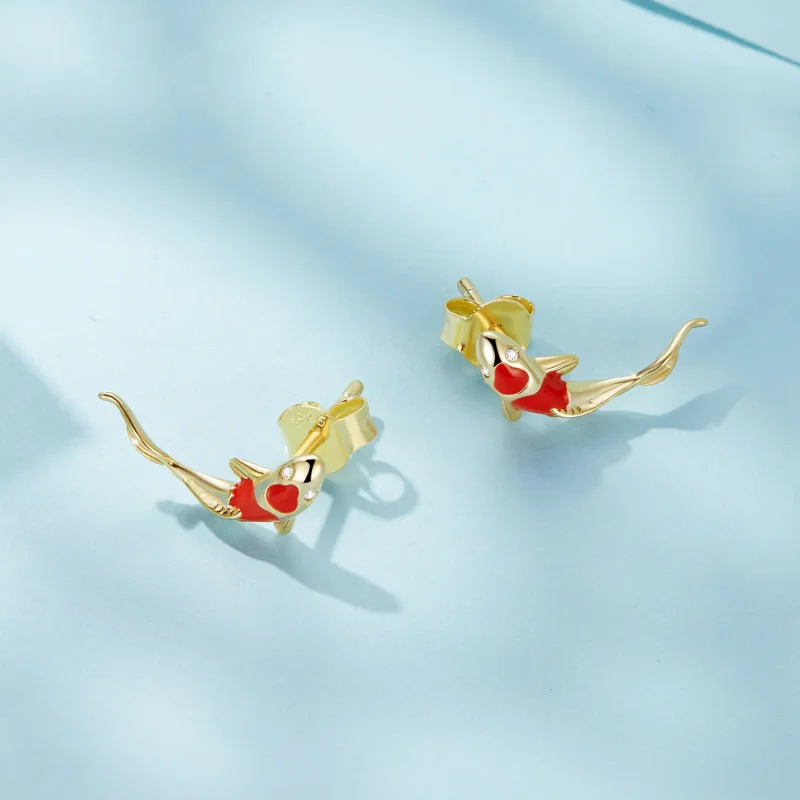 (bild till) Pandora-stil Golden Koi-Silver Studs Örhängen - SCE812-B - View 4