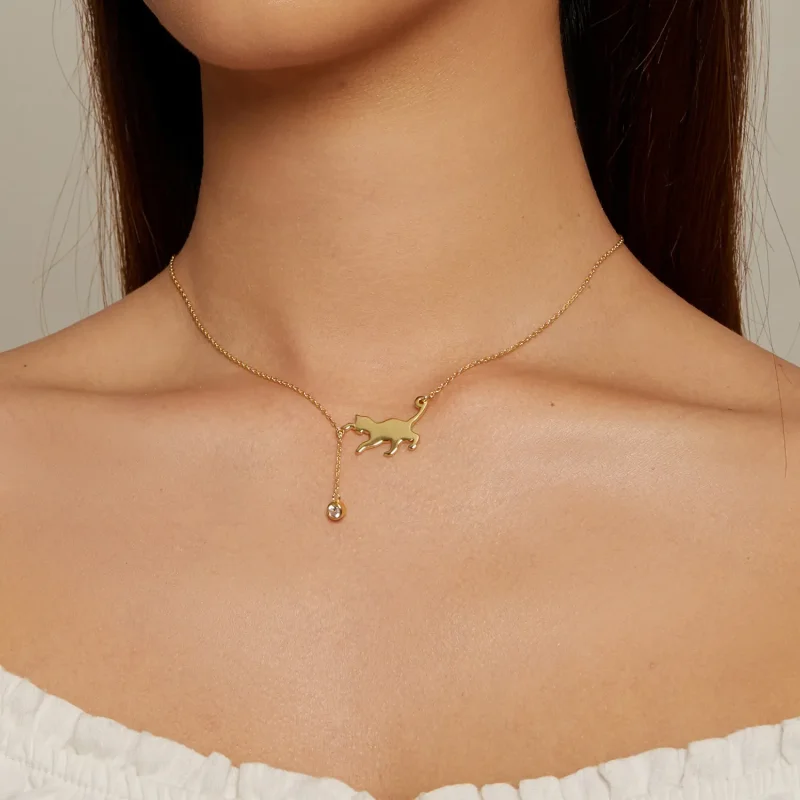 (bild till) Pandora-stil Guldet Uppnosig Kattunge Halsband - SCN232-B - View 4