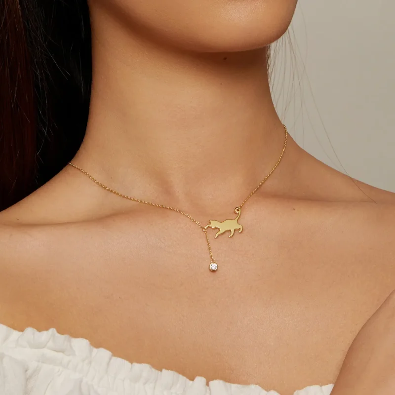 (bild till) Pandora-stil Guldet Uppnosig Kattunge Halsband - SCN232-B - View 5