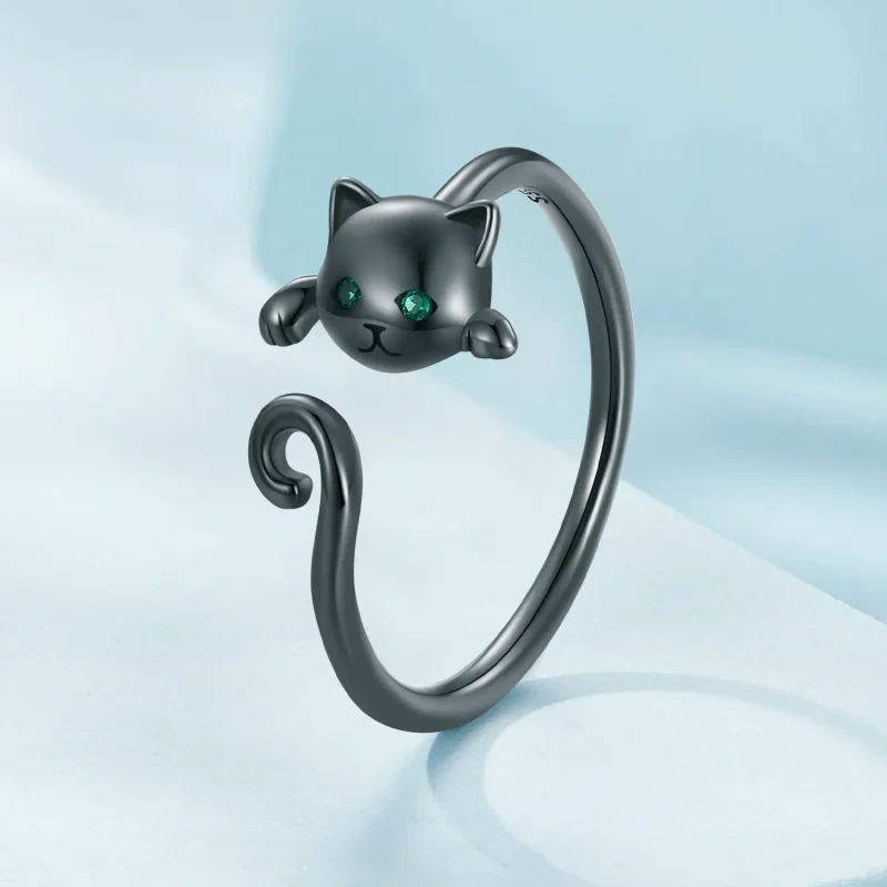 (bild till) Pandora-stil Svart Söt Katt Öppen Ring - SCR707-D - View 2