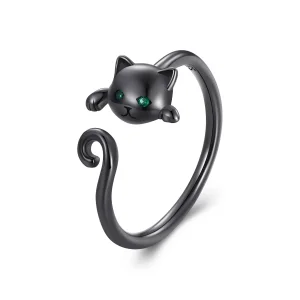 (bild till) Pandora-stil Svart Söt Katt Öppen Ring - SCR707-D