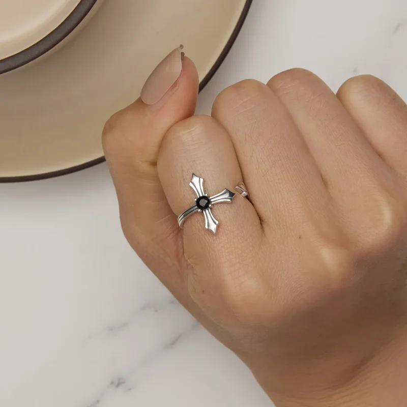 (bild till) Pandora-stil Öppen Ring med Kors - SCR939 - View 6