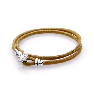 (bild till) Pandora Läderarmband Gyllene Solbränna Dubbel Läder - 597194Cgt-D