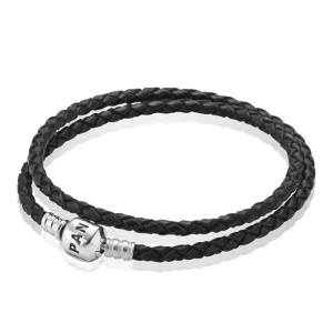 (bild till) PANDORA Moments Double Woven Leather Bracelet, Black 590705CBK-D