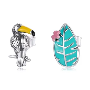(bild till) Pandora Stil Stiftörhängen Big Beaked Bird And Leaf - Sce1083