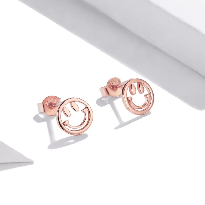 (bild till) Pandora Stil Stiftörhängen Härligt Smiley Face 14 Karat Roséguld - Sce1106 - View 2