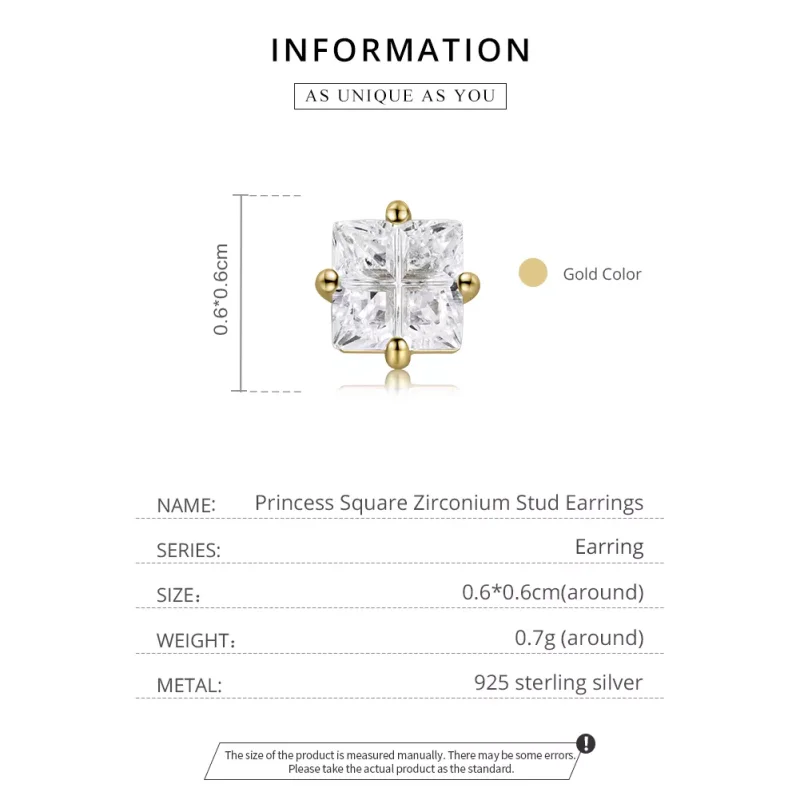 (bild till) Pandora Stil Stiftörhängen Princess Square Zirconium 14 Karats Guldpläterad - Sc - View 2