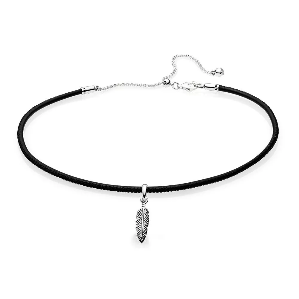 pandora black leather choker & feather 397197cbk